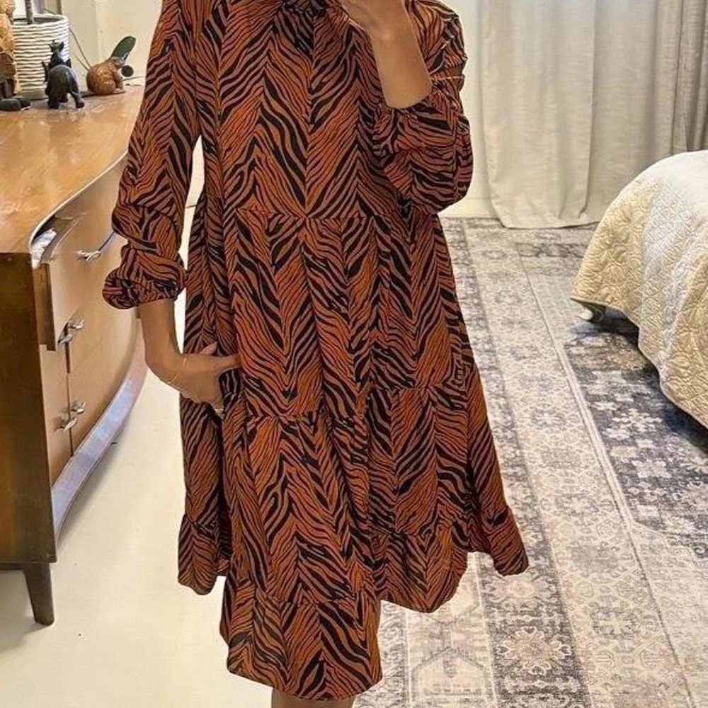 Tiger Stripe Women's Tiered Babydoll Dress Rust/Black Long Sleeve Bohemian M